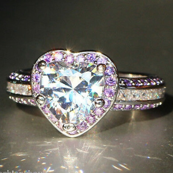 925 Princess Cut 3.8 CT Purple CZ Heart Ring - Picture 4 of 9